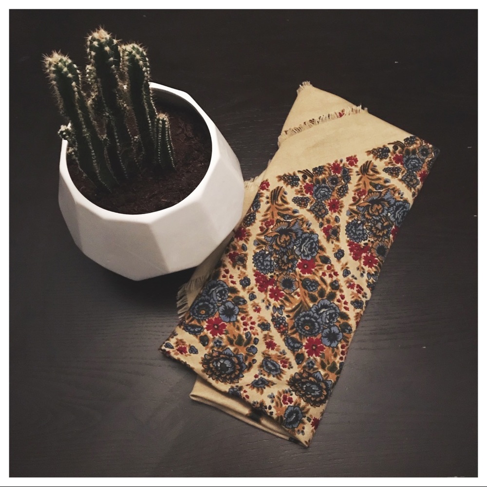 Tan Floral Fringed Scarf